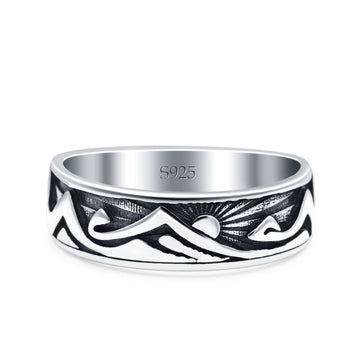 Mountains & Sun Oxidized Band Solid 925 Sterling Silver Thumb Ring (6mm)